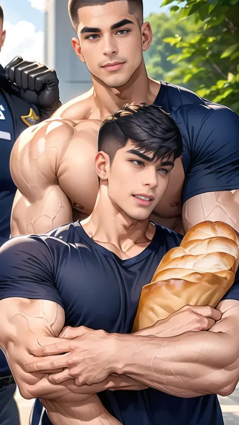 (handsome Man),(crew cut short hair:1.8),black eye,(Wear a fitted round neck t-shirt in navy with a police badge.:1.5),(fit neck),Navy blue jeans,(black_gloves:1.2), Korean guy,chest muscles,large arm muscles,blood vessel,Big muscles,Broad shoulders, (open...