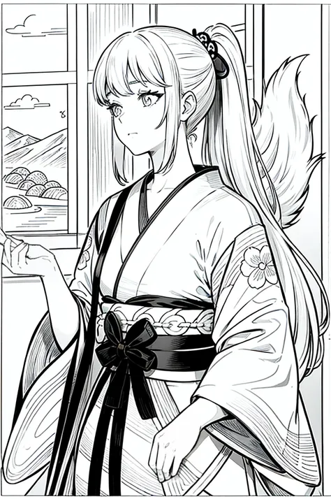 As a coloring book, the color should be black and white, the border should be simple, clear, and bold. [Girl with a ponytail] wearing a [kimono with fox pattern] practicing [kendo] in a [dojo], with [hair ties decorated with fox charms]