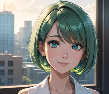 Photo from chest up,in business,business woman,intellectual,smile,very short hair,Emerald hair,short hair,green hair,laughter,30 years,drooling eyes,upper body up, alone,know,Flow of hair that extends to the face,bangs between eyeliner hair,High resolution...