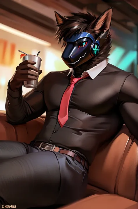 posted on e621, (by Chunie), Protogen,solo,masculine, Black fur with White stripes on the tips, Slim body, full body like, at a nightclub, Hitman wear, Black suit, Red tie, Sitting on the sofa, a cup of alcoholic drink, Abstract beauty, ultra detailed face...