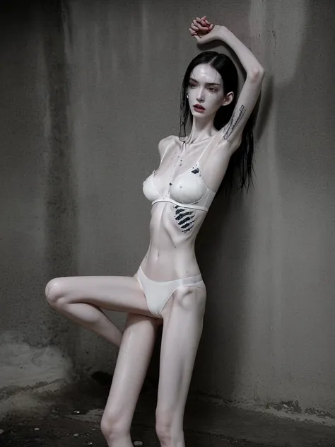 a woman, very thin body, body visible bones, very slender, sweaty wet body, pale white skin, panties, bra,tatto, full body, has a mental breakdown in an underground prison