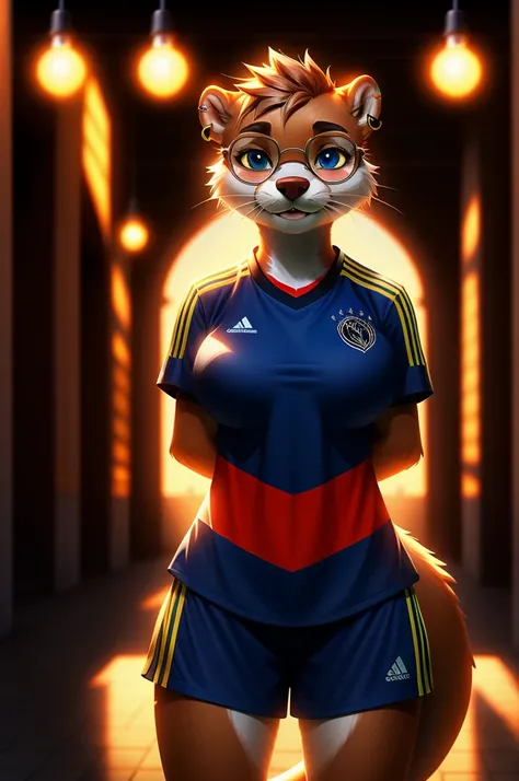 (hands behind back), otter, female, white fur, super cute face, blue aviator glasses, ear piercing, big breast, detail elements on fur, UEFA European Soccer Championship Shirt, ((Germany Shirt)), beautiful lights and shadows, ambient light, super fine fur,...