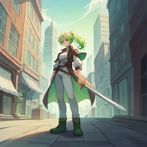 (masterpiece, Highest quality:1.3), One girl, alone，ponytail，Green and white gradient hair，Green Eyes,Adventurer,middle ages,Leather shoes,Background city,Sword in left hand,White clothes,