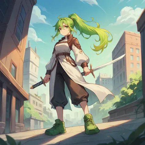 (masterpiece, Highest quality:1.3), One girl, alone，ponytail，Green and white gradient hair，Green Eyes,Adventurer,middle ages,Leather shoes,Background city,Sword in left hand,White clothes,