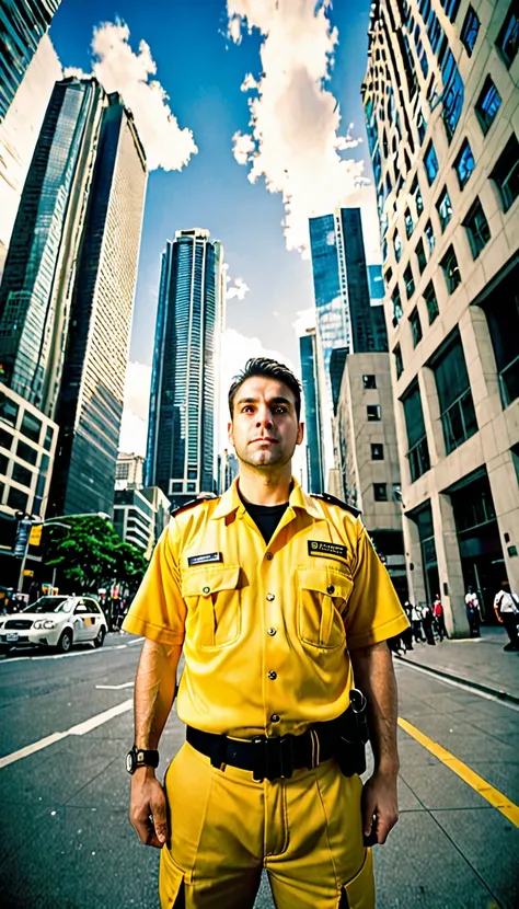 Image of a 30 year old man in a yellow security uniform. The man had a serious but friendly expression. He stood in front of the tall buildings in the city, showing a busy urban backdrop. Use the fish camera effect (Fisheye) to provide dynamic and interest...