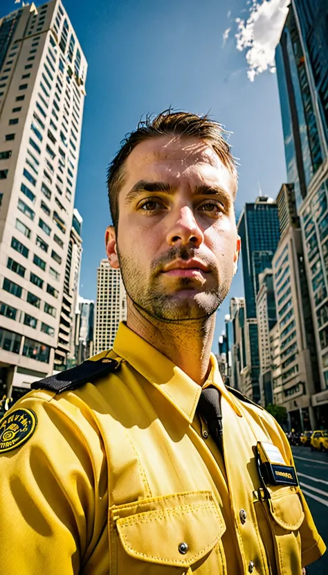 Image of a 30 year old man in a yellow security uniform. The man had a serious but friendly expression. He stood in front of the tall buildings in the city, showing a busy urban backdrop. Use the fish camera effect (Fisheye) to provide dynamic and interest...