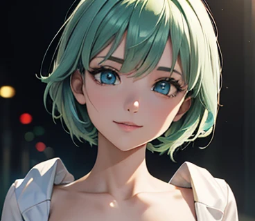 Photo from chest up,upper body up,in business,business woman,intellectual,smile,very short hair,Emerald hair,short hair,green hair,white jacket,laughter,30 years,drooling eyes, alone,know,Flow of hair that extends to the face,bangs between eyeliner hair,Hi...