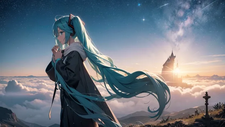 Set against the backdrop of an adventurous fantasy world、This is an image of Hatsune Miku.。She wears a mysterious cloak。The surroundings are shrouded in fog、In the distance you can see the silhouette of an ancient castle。The sky is a starry night、The moon ...