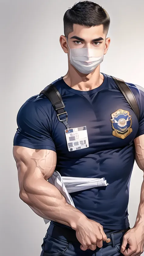 (handsome Man),(crew cut short hair:1.8),black eye,(Wear a fitted round neck t-shirt in navy with a police badge.:1.5),(fit neck),Navy blue jeans,(black_gloves:1.2), Korean guy,chest muscles,large arm muscles,blood vessel,Big muscles,Broad shoulders, (open...