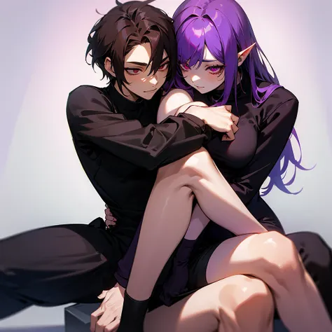 purple haired succubus,red eyes and wearing a short black dress hugging a teenager who is sitting on his legs the teenager has brown hair, dark brown eyes,and wearing black pants and a gray sweatshirt 