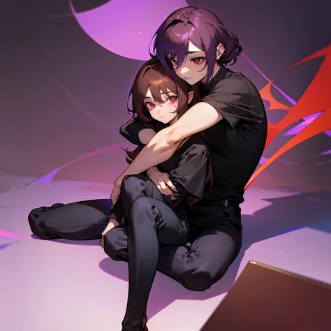 purple haired succubus,red eyes and wearing a short black dress hugging a teenager who is sitting on his legs the teenager has brown hair, dark brown eyes,and wearing black pants and a gray sweatshirt 