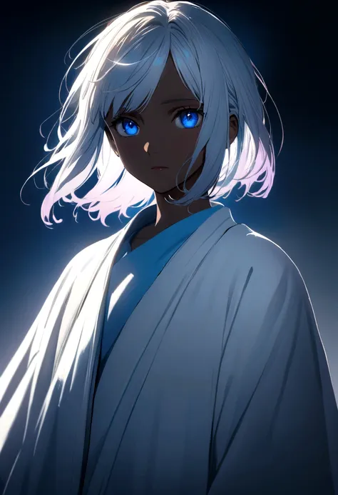 (age:16,male,white hair,blue eyes,white robe with lighting,  dark skin), (high resolution,4k,professional,physically-based rendering,vivid colors), (portraits,anime), (lighting:moody,shadow,backlit), (color tone:cool tones,blue hues), Anime