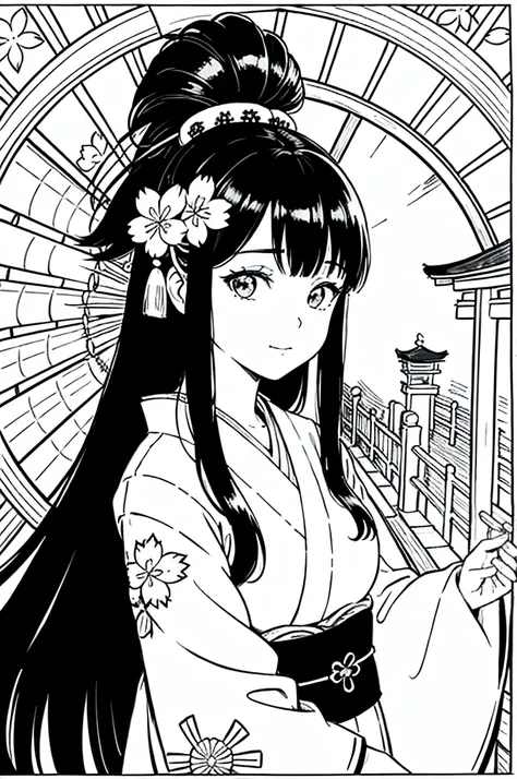 As a coloring book, the color should be black and white, the border should be simple, clear, and bold. [Girl with long black hair] wearing a [kimono with cherry blossom pattern] visiting [Kiyomizu-dera temple] in Kyoto, Japan, with [sakura hair ornaments]