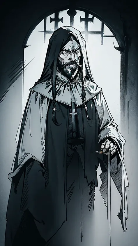 Priest catholique dark face scretch satanique, transparent eyes rolled back, semi-long hair, beard, dress that covers hair, eat a bloody heart , looking to the left side, corne de bouc longue et enroulée, sketch noir et blanc