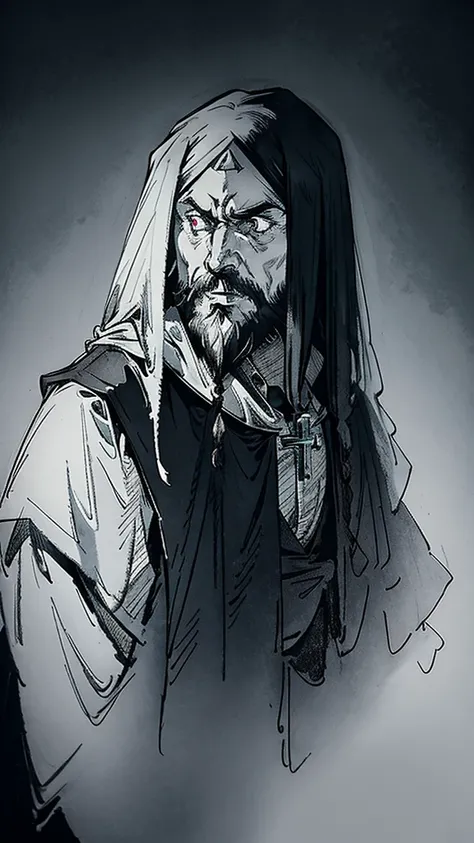 Priest catholique dark face scretch satanique, transparent eyes rolled back, semi-long hair, beard, dress that covers hair, eat a bloody heart , looking to the left side, corne de bouc longue et enroulée, sketch noir et blanc