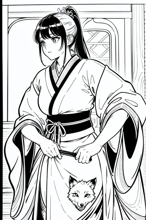 As a coloring book, the color should be black and white, the border should be simple, clear, and bold. [Girl with a ponytail] wearing a [kimono with fox pattern] practicing [kendo] in a [dojo], with [hair ties decorated with fox charms]