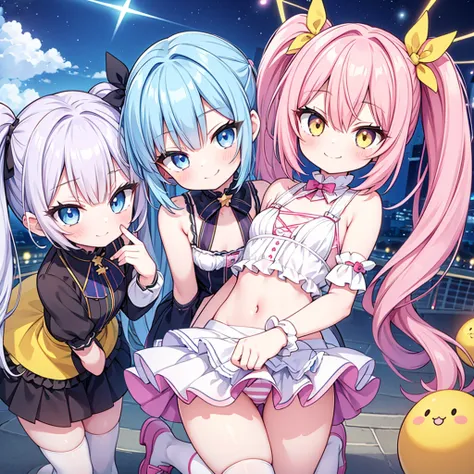 masterpiece, best quality, hyper detailed, 3girl, evil smiling, looking at viewerery,flat chest,blue hair,short twintails,middle hair,sky blue eyes,cute miniskirt,cute striped panty,cute high socks,cute shoes,smirk,pantyshot,
1girl, evil smiling, looking a...