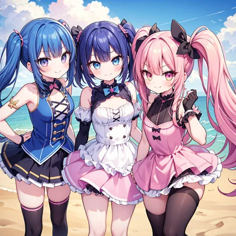 masterpiece, best quality, hyper detailed, 3girl, evil smiling, looking at viewerery,flat chest,blue hair,short twintails,middle hair,sky blue eyes,cute miniskirt,cute striped panty,cute high socks,cute shoes,smirk,pantyshot,
1girl, evil smiling, looking a...