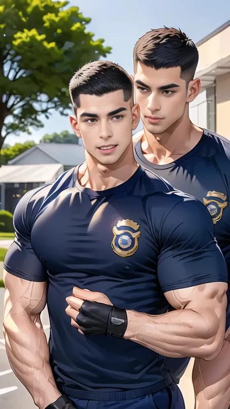 (handsome Man),(crew cut short hair:1.8),black eye,(Wear a fitted round neck t-shirt in navy with a police badge.:1.5),(fit neck),Navy blue jeans,(black_gloves:1.2), Korean guy,chest muscles,large arm muscles,blood vessel,Big muscles,Broad shoulders, (open...