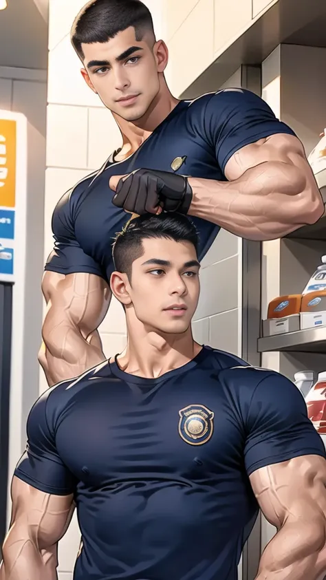 (handsome Man),(crew cut short hair:1.8),black eye,(Wear a fitted round neck t-shirt in navy with a police badge.:1.5),(fit neck),Navy blue jeans,(black_gloves:1.2), Korean guy,chest muscles,large arm muscles,blood vessel,Big muscles,Broad shoulders, (open...