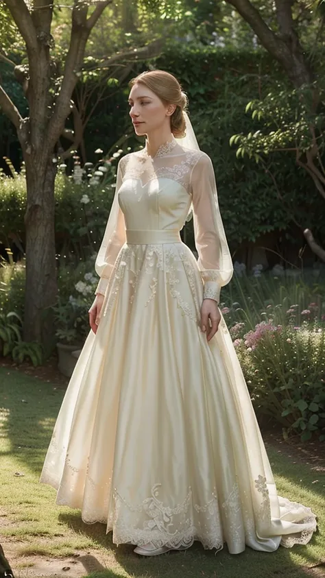 a beautiful young woman, cate blanchett, wearing a short ballgown wedding dress, elegant long sleeves, intricate lace and embroidery details, flowing skirt revealing her upper thighs, standing in a romantic garden setting, sunlight dappling through the tre...