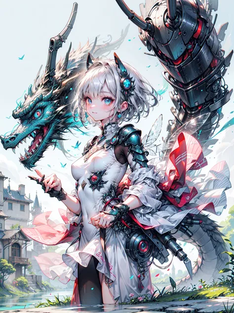 (Fluffy, Transparent white costume:1.3, ),(Glass winged angel floating on a lake:1.3), (A dragon protecting the girl behind:1.3),Shiny light brown and orange striped short hair,Cute Smile,Perfect round face,A bright smile that makes everyone happy,Proper b...