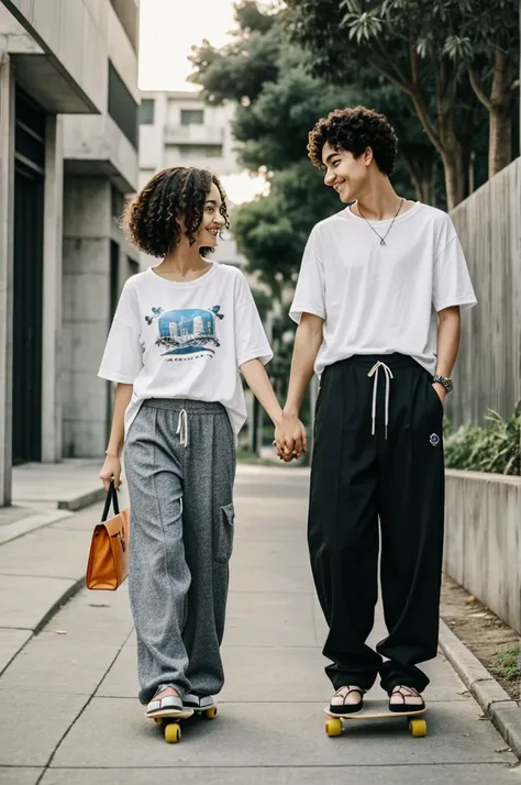 Couple,holding hands staring at each other,Chico ,curly hair, Casual clothes, wide pants and girl, short hair , baggy clothes,riding a skateboard, happy, anime, estilo honjai star rail, 