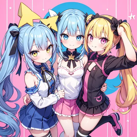 masterpiece, best quality, hyper detailed, 3girl, evil smiling, looking at viewerery,flat chest,blue hair,short twintails,middle hair,sky blue eyes,cute miniskirt,cute striped panty,cute high socks,cute shoes,smirk,pantyshot,
1girl, evil smiling, looking a...