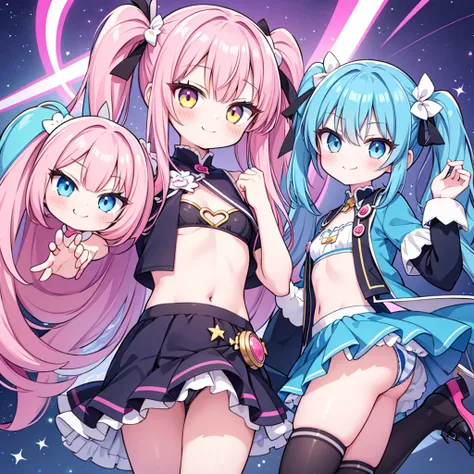 masterpiece, best quality, hyper detailed, 3girl, evil smiling, looking at viewerery,flat chest,blue hair,short twintails,middle hair,sky blue eyes,cute miniskirt,cute striped panty,cute high socks,cute shoes,smirk,pantyshot,
1girl, evil smiling, looking a...