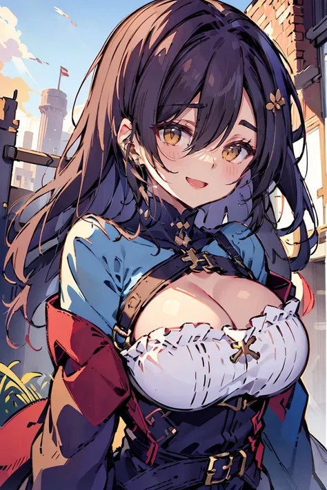 (masterpiece:1.2), (high quality:1.2), (hui xiyi:0.75), rekkyo sensen, rekkyou sensen, girls with((black hair, (tits cleavage:1.15), (breasts close up:1.15), (suspenders:1.2), (dress:0.65), (blue clothes:1.05), (belts:0.7), (frills shirt:1.2), (white knit ...