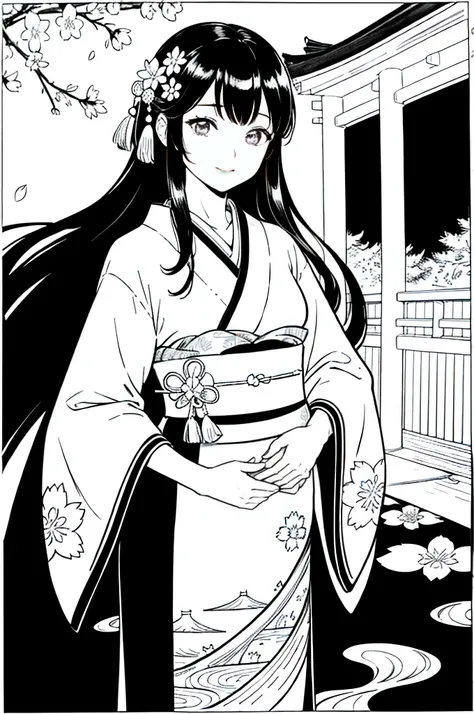 As a coloring book, the color should be black and white, the border should be simple, clear, and bold. [Girl with long black hair] wearing a [kimono with cherry blossom pattern] visiting [Kiyomizu-dera temple] in Kyoto, Japan, with [sakura hair ornaments]