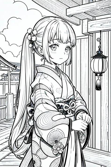 As a coloring book, the color should be black and white, the border should be simple, clear, and bold. [Girl with pigtails] wearing a [kimono with waves pattern] holding a [paper lantern] at the [Gion Matsuri festival] in Kyoto, Japan, with [sakura hair cl...