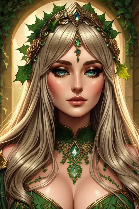 detailed portrait of a druidess with holly and ivy, beautiful detailed eyes, beautiful detailed lips, extremely detailed face, long eyelashes, flowing hair, intricate headdress, natural organic textures, earthy tones, warm lighting, fantasy, mystical, cine...