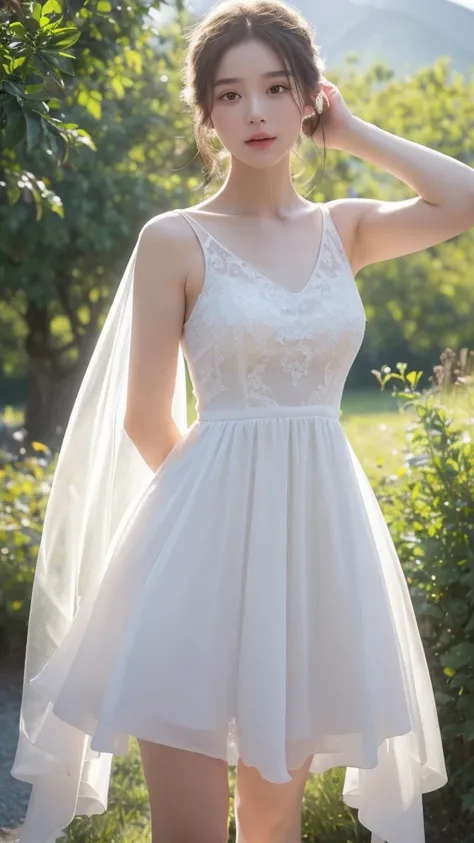 ((Best quality，High Detail，masterpiece:1.2)),（summer mountains），（Backlight, See through body contours：1.3）, 1 20-year-old girl, full-body shot：1.3，White dress dress,Clear facial features：1.5，standing solo, Elegant posture，Delicate face, White-skinned femal...