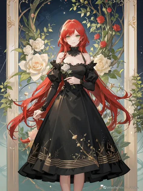 girl,beautiful,red hair,green eye,princess dress,black,The atmosphere has roses.,sponge,marble,gold glitter,Two colored diamond dust,creeper,blue rose,fit,The chest is not large.,white skin