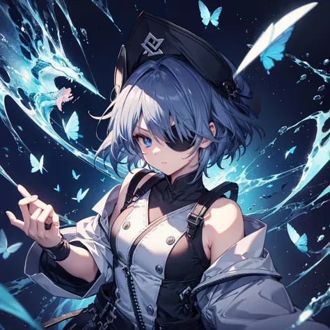 (((1 person　put on an eyepatch　Gray Hair　Qinglong)))　((Jumping kick))　((High resolution　short hair　shoulder　Also々funny Face　knifeを胸の前で構える))　((Black Band　Ninja　Lonely　despair　blue eyes　close))　((Blue Butterfly　night　Japanese style　old　Shining Aura　Jump　Catc...