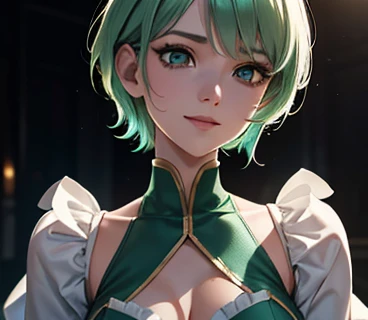 Photo from chest up,upper body up,in business,business woman,intellectual,smile,short hair,Emerald hair,short hair,green hair,white jacket,laughter,30 years,drooling eyes, alone,know,Flow of hair that extends to the face,bangs between eyeliner hair,High re...