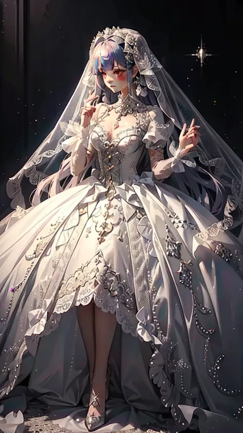 Extreme detailing, lolita, lolita fashion, frills, intricate and gorgeous, gloves, afternoon tea, ponet, curls, macarons, cream, colorful, gradient pick dye, candy, shiny, shiny, light particles, dynamic poses, dramatic compositions, candy hair accessories...