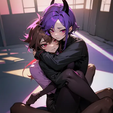 purple haired succubus,red eyes and wearing a short black dress hugging a teenager who is sitting on his legs the teenager has brown hair, dark brown eyes,and wearing black pants and a gray sweatshirt 