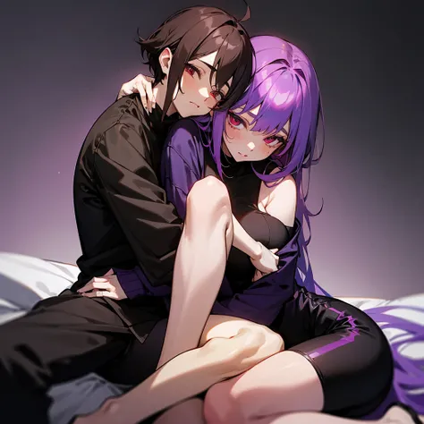 purple haired succubus,red eyes and wearing a short black dress hugging a teenager who is sitting on his legs the teenager has brown hair, dark brown eyes,and wearing black pants and a gray sweatshirt 