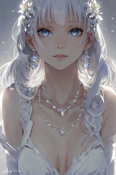 masterpiece, highest quality, figure, white, platinum earrings, Platinum Necklace, white dress, 1 girl, cute, (dynamic lighting:1.2), cinematic lighting, delicate features, fine eyes, sharp pupils, ((shapely massive chest;1.5)), realistic student, Depth of...