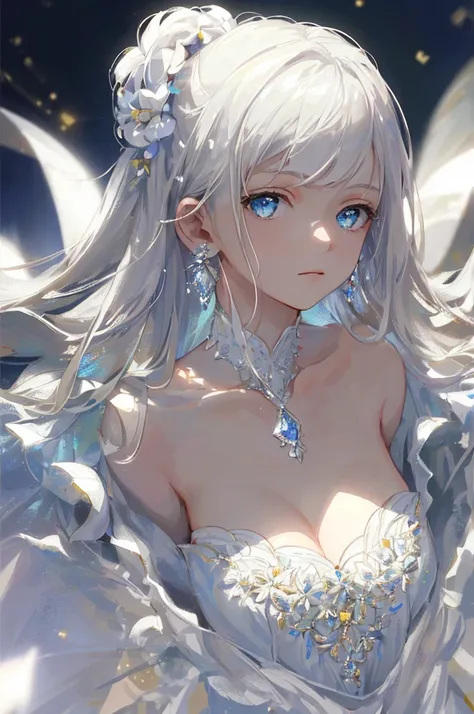 masterpiece, highest quality, figure, white, platinum earrings, Platinum Necklace, white dress, 1 girl, cute, (dynamic lighting:1.2), cinematic lighting, delicate features, fine eyes, sharp pupils, ((shapely massive chest;1.5)), realistic student, Depth of...