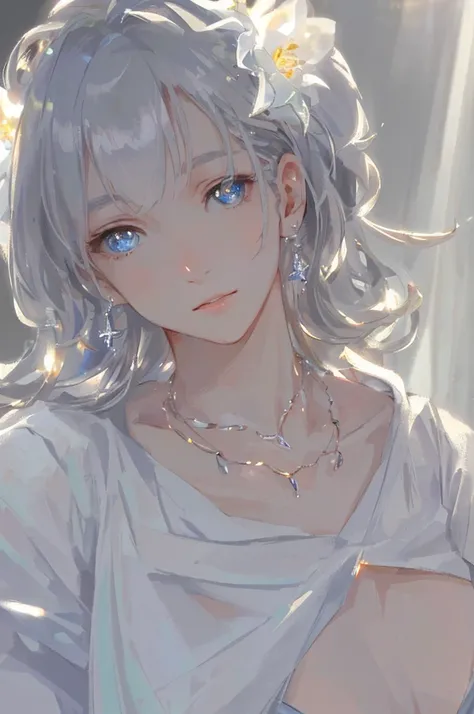 masterpiece, highest quality, figure, white, platinum earrings, Platinum Necklace, white dress, 1 girl, cute, (dynamic lighting:1.2), cinematic lighting, delicate features, fine eyes, sharp pupils, ((shapely massive chest;1.5)), realistic student, Depth of...