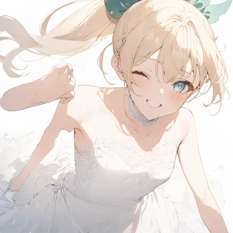 (masterpiece), (best quality), perfect face, beautiful girl, white background background, delicate and beautiful face and eyes, dark intense shadow, 
1 girl, vtuber style, cool girl, hololive,Kazama Iroha, ponytail, Wedding dress, small chest, cropped shou...