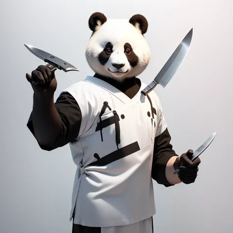 3D stereoscopic panda，human face、Kitchen knife in hand，White background，Ultra-high-definition details