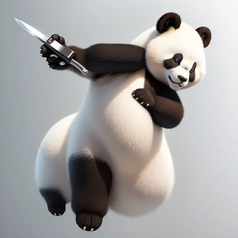 3D stereoscopic panda，human face、Kitchen knife in hand，White background，Ultra-high-definition details