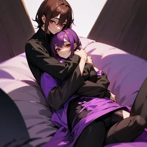 purple haired succubus,red eyes and wearing a short black dress hugging a teenager who is sitting on his legs the teenager has brown hair, dark brown eyes,and wearing black pants and a gray sweatshirt 