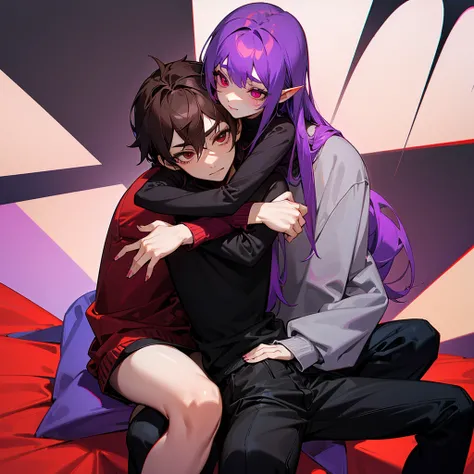 purple haired succubus,red eyes and wearing a short black dress hugging a teenager who is sitting on his legs the teenager has brown hair, dark brown eyes,and wearing black pants and a gray sweatshirt 