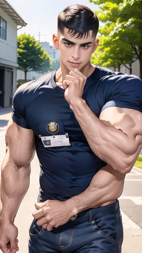 (handsome Man),(crew cut short hair:1.8),black eye,(Wear a fitted round neck t-shirt in navy with a police badge.:1.5),(fit neck),Navy blue jeans,(black_gloves:1.2), Korean guy,chest muscles,large arm muscles,blood vessel,Big muscles,Broad shoulders, (open...