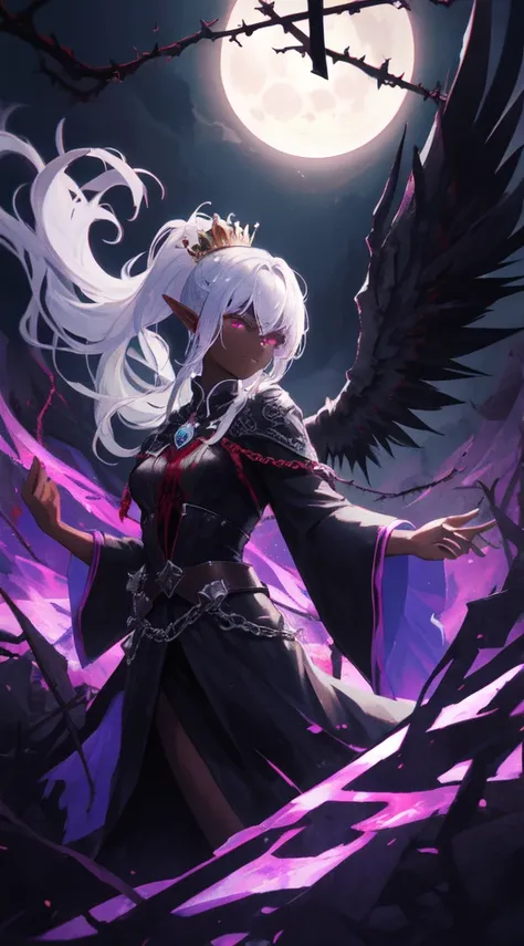 ((masterpiece, best quality)), official art, unity 8k wallpaper, ultra detailed, Amazing dark elf, Dark Angel, mystical aura, ((Obsidian black wings)), flowinggown, deep Purple, Motifs inspired by the occult, ((Crown of thorns)), Poisonous nightshade,  bal...